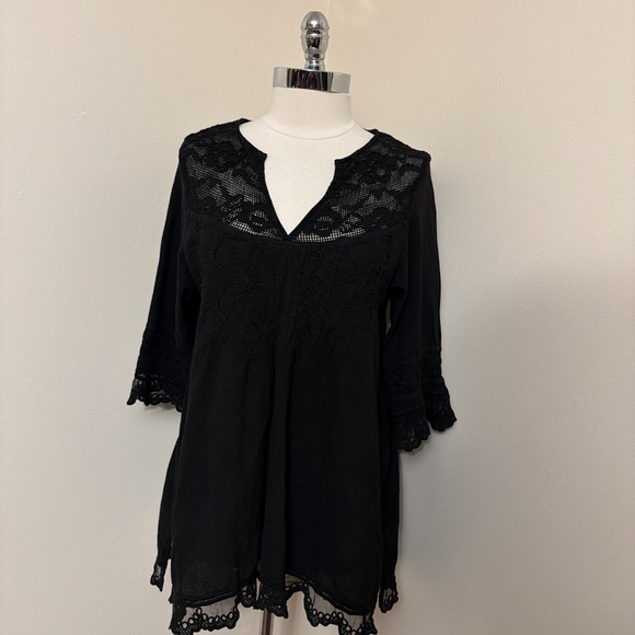 Gretty Zueger Black Cotton Lace Trimmed Tunic Top M